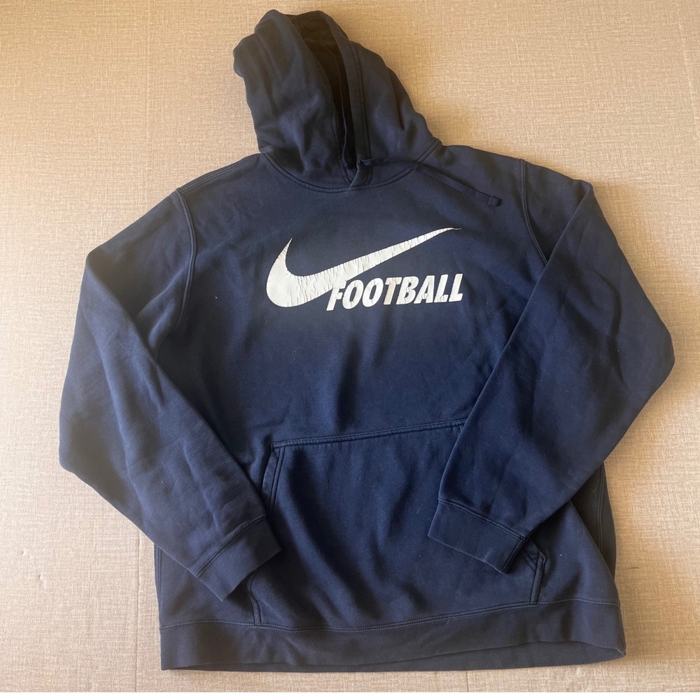 Nike Football Hoodie Mens XL Navy Blue Pullover Swoosh Graphic Fleece Sweatshirt